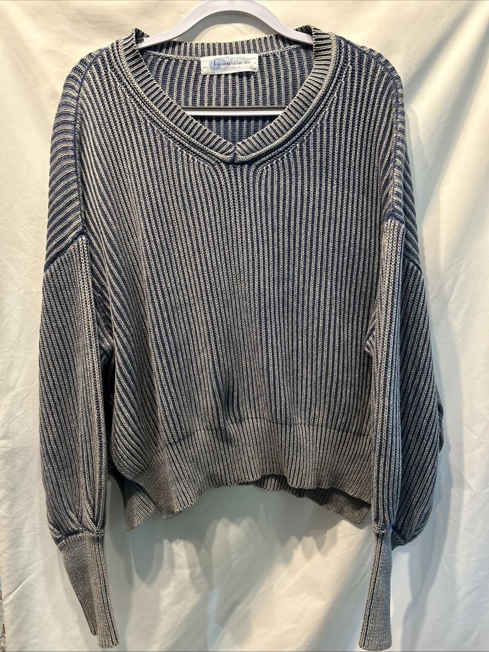 Big Water Blue Sky Sweater Sz Large Blue Acid Wash Ribbed Cotton Balloon Sleeve